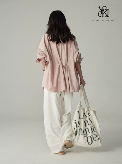 Yakejia back tie lapel shirt female 2025 new spring and summer silk cotton loose drop shoulder basic long-sleeved top