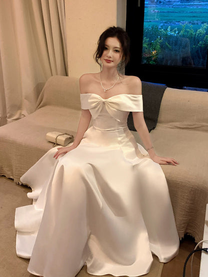 Good Job: 【White Tea Lover】French Style White Off-Shoulder High-End Dress, Off-Shoulder Fitted Waist Gown