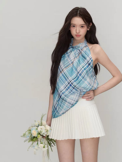 OIOI ESSE/"Your Shallow Sea Summer" Sea Salt Mint Plaid Halter Neck Vest for Women, Summer Design Top