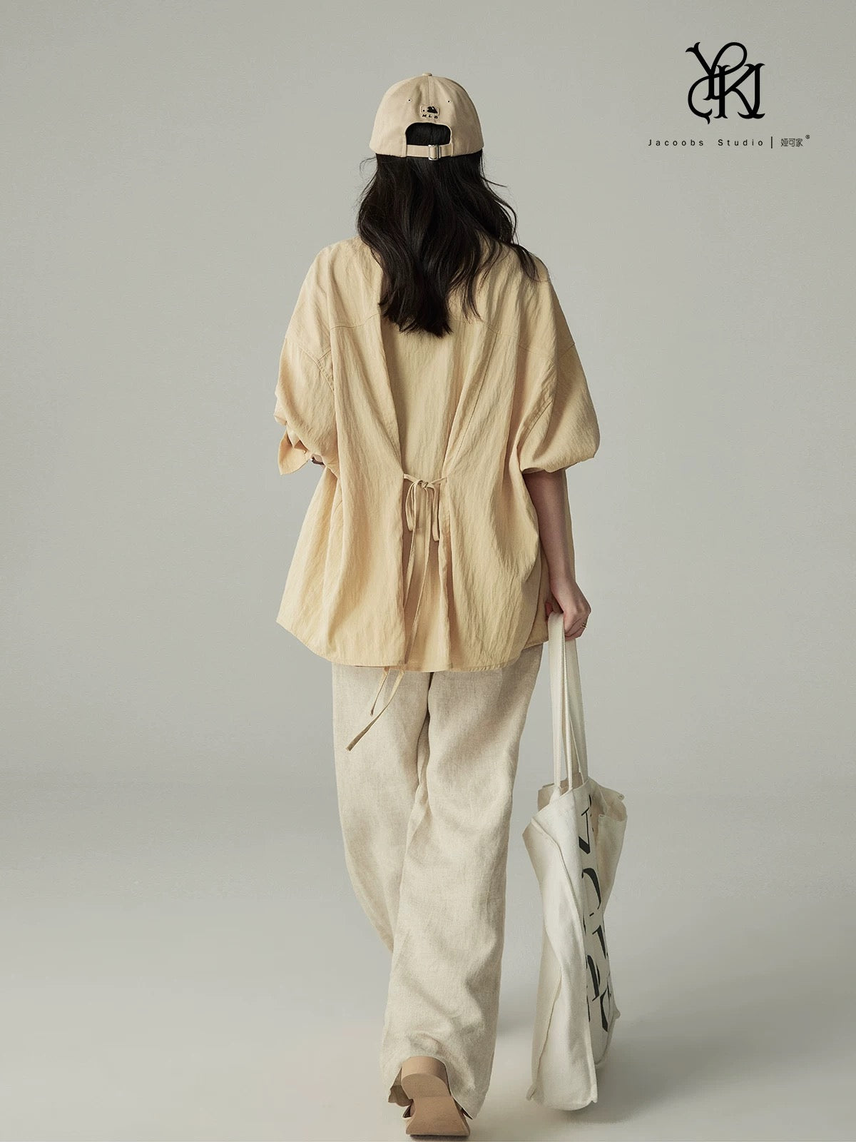 Yakejia back tie lapel shirt female 2025 new spring and summer silk cotton loose drop shoulder basic long-sleeved top