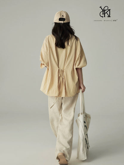 Yakejia back tie lapel shirt female 2025 new spring and summer silk cotton loose drop shoulder basic long-sleeved top