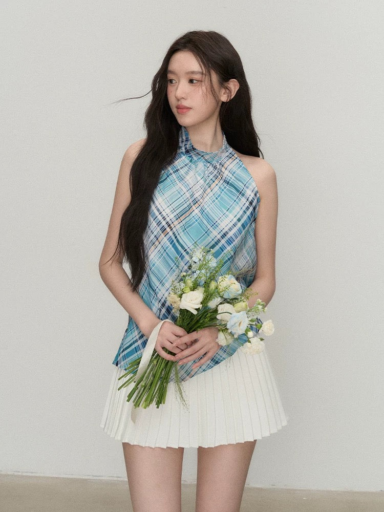 OIOI ESSE/"Your Shallow Sea Summer" Sea Salt Mint Plaid Halter Neck Vest for Women, Summer Design Top