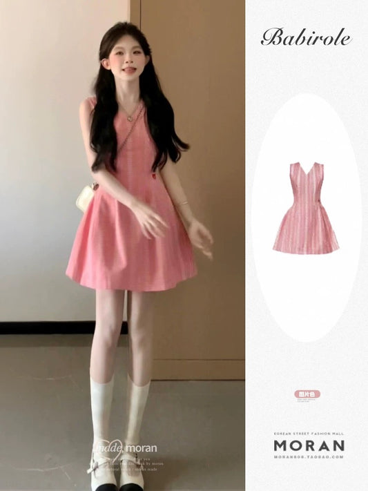 Korean style girly sleeveless vest V-neck dress pink striped summer waist A-line skirt petite