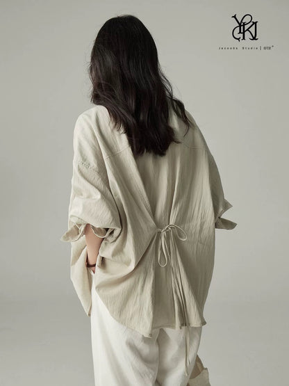 Yakejia back tie lapel shirt female 2025 new spring and summer silk cotton loose drop shoulder basic long-sleeved top