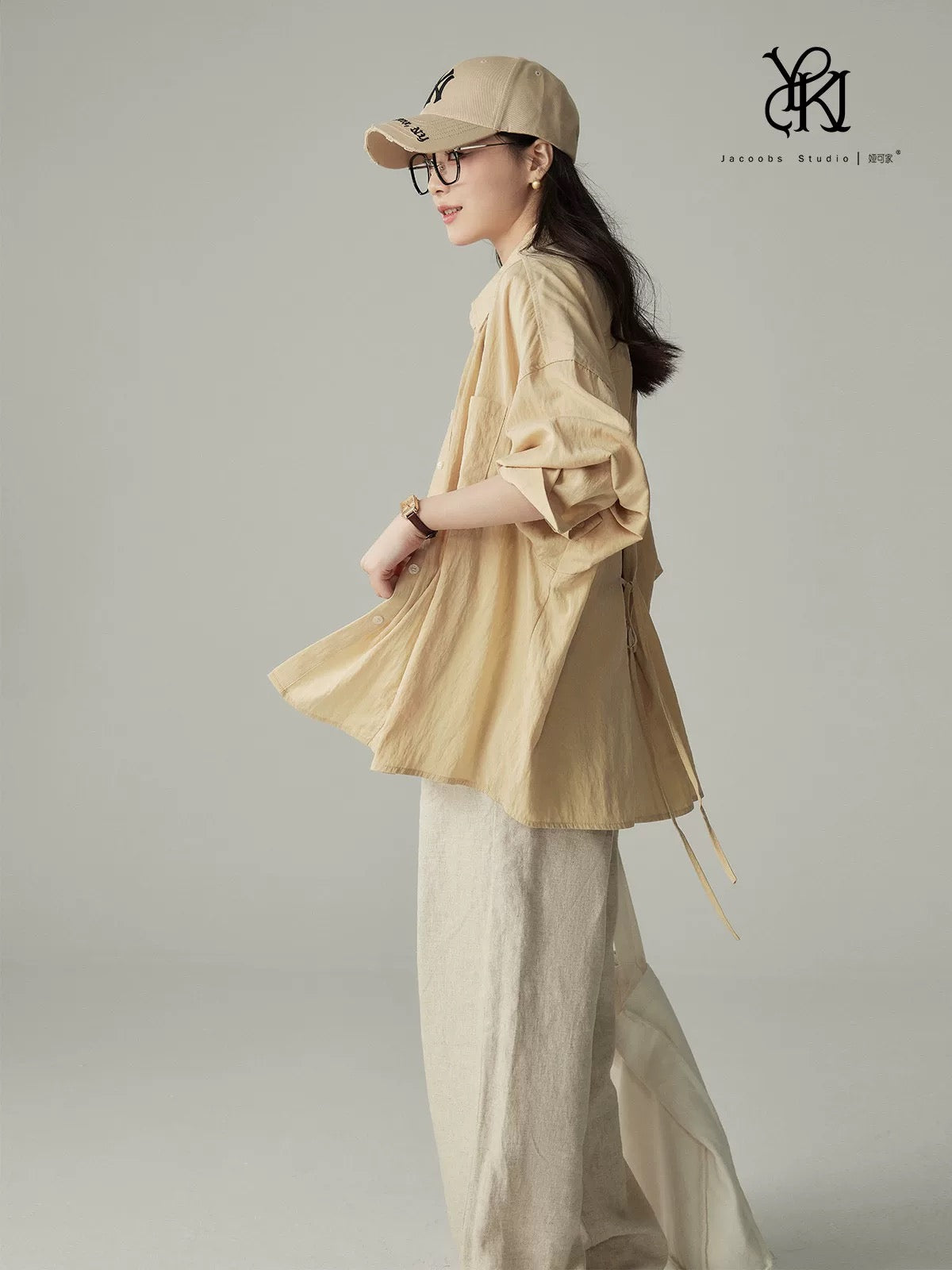 Yakejia back tie lapel shirt female 2025 new spring and summer silk cotton loose drop shoulder basic long-sleeved top