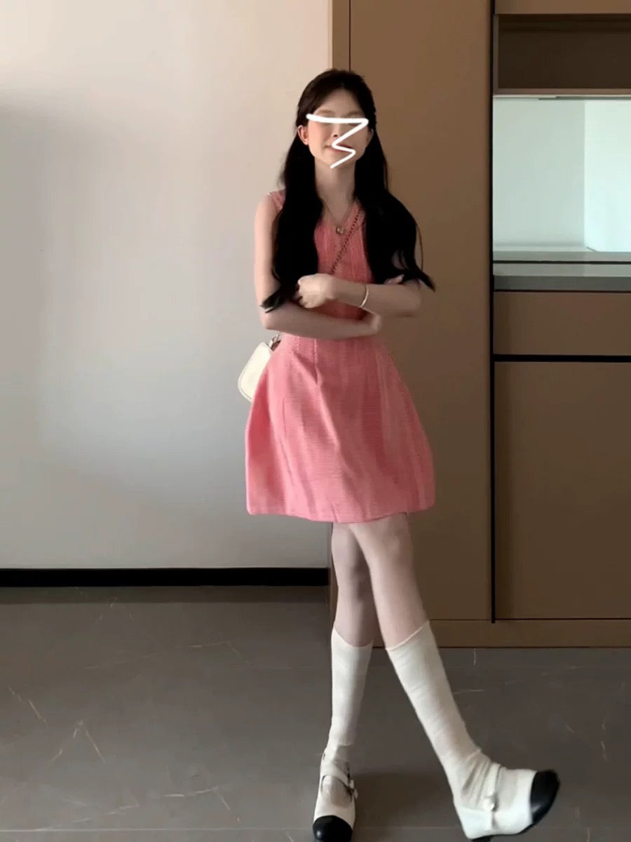 Korean style girly sleeveless vest V-neck dress pink striped summer waist A-line skirt petite