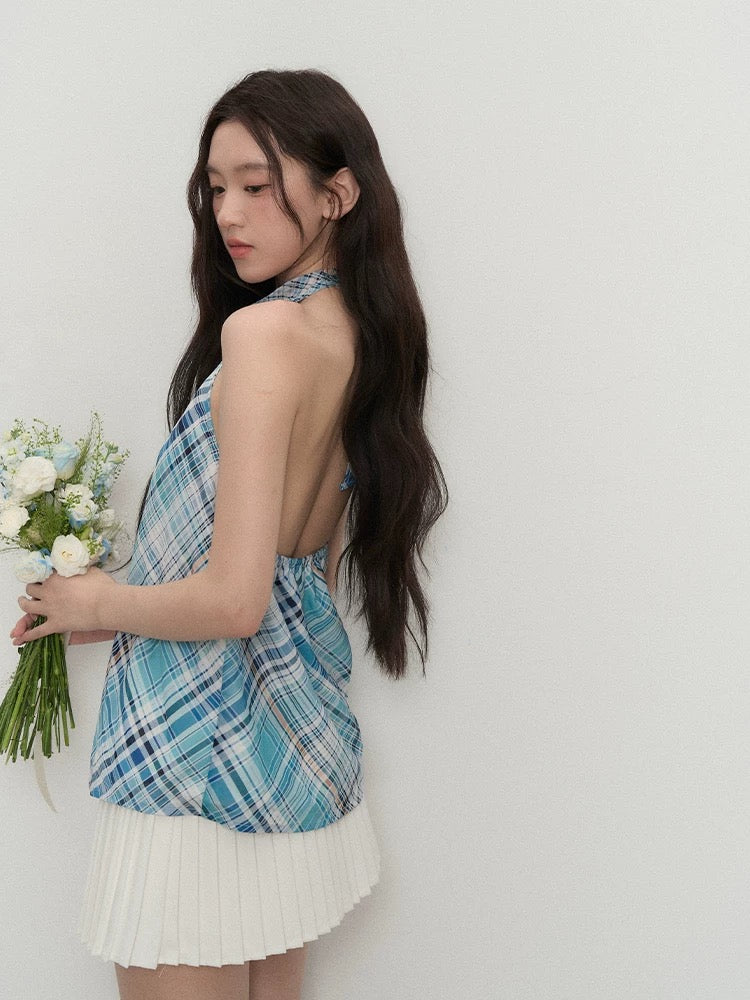 OIOI ESSE/"Your Shallow Sea Summer" Sea Salt Mint Plaid Halter Neck Vest for Women, Summer Design Top