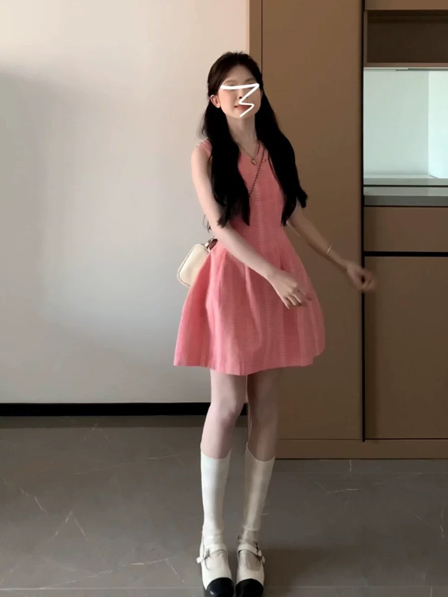 Korean style girly sleeveless vest V-neck dress pink striped summer waist A-line skirt petite