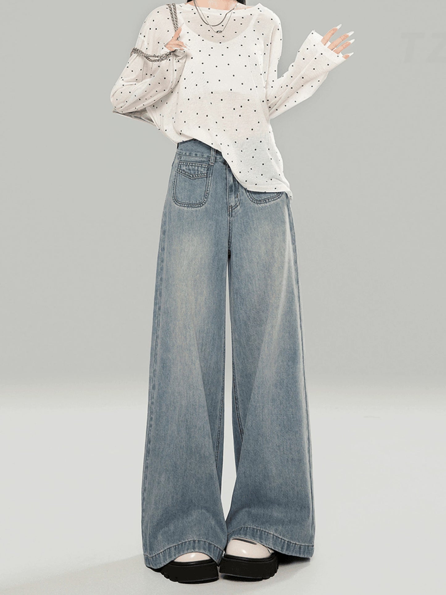 Light blue high waist loose jeans for women spring and autumn fall and winter small lazy straight wide leg pants mopping pants