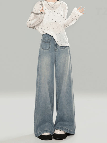 Light blue high waist loose jeans for women spring and autumn fall and winter small lazy straight wide leg pants mopping pants