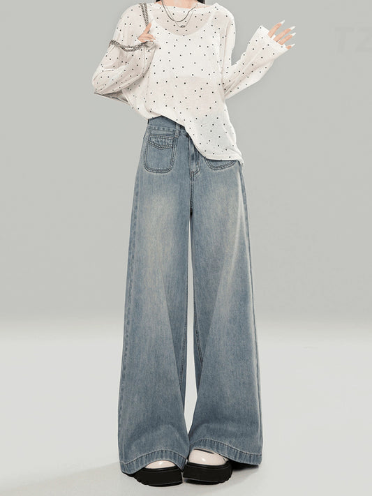 Light blue high waist loose jeans for women spring and autumn fall and winter small lazy straight wide leg pants mopping pants