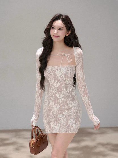 OIOI ESSE｜French Romantic Lace Waist-cinching Long-sleeved Dress for Women, New Spring Style Short Skirt