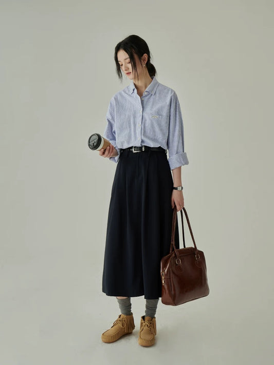 Yakejia black temperament commuting high waist skirt women's summer versatile drape over the knee slim big swing umbrella skirt
