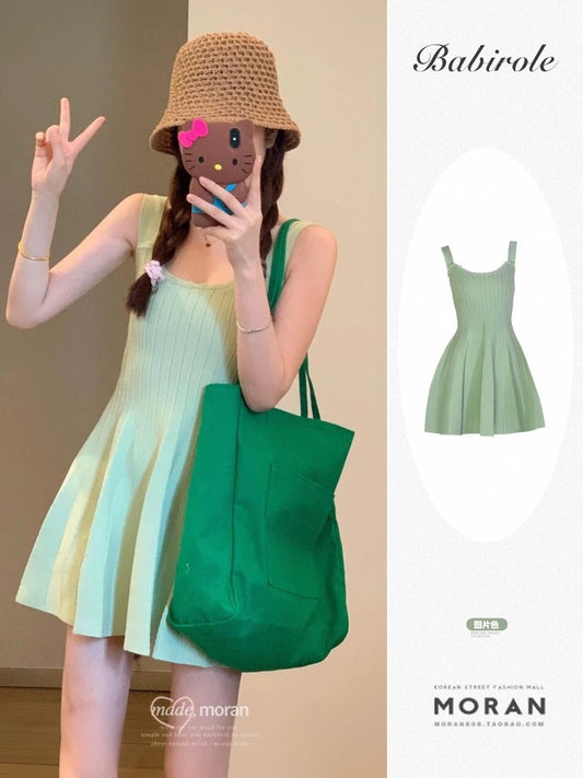 Dopamine Mint Green Wide Suspender Dress Women's Summer Knitted Waist A-Line Skirt Small Body Nice and Sweet