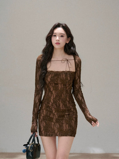 OIOI ESSE｜French Romantic Lace Waist-cinching Long-sleeved Dress for Women, New Spring Style Short Skirt