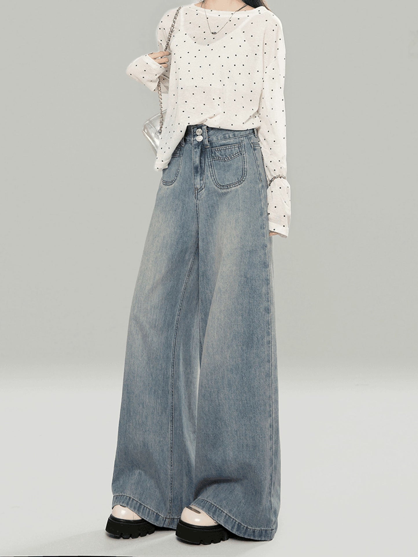 Light blue high waist loose jeans for women spring and autumn fall and winter small lazy straight wide leg pants mopping pants