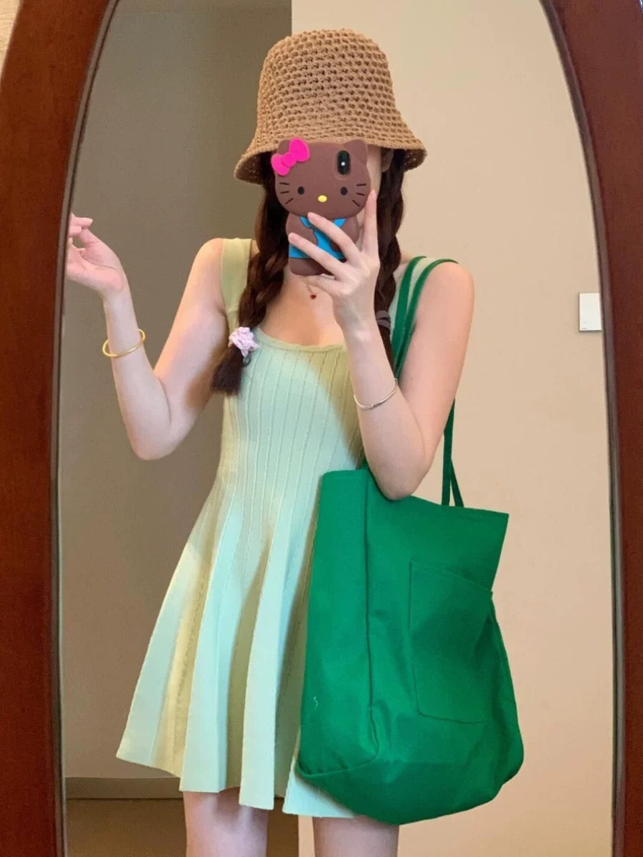 Dopamine Mint Green Wide Suspender Dress Women's Summer Knitted Waist A-Line Skirt Small Body Nice and Sweet