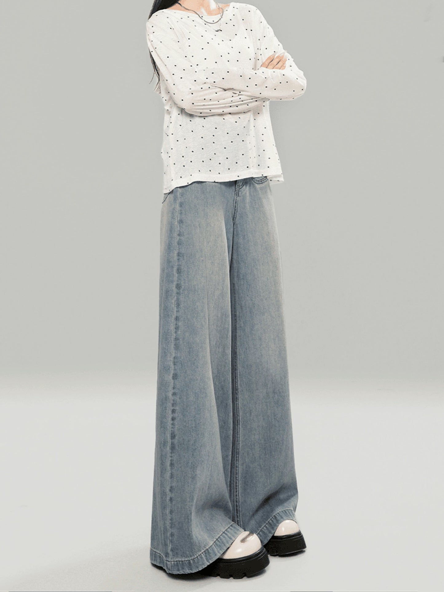 Light blue high waist loose jeans for women spring and autumn fall and winter small lazy straight wide leg pants mopping pants