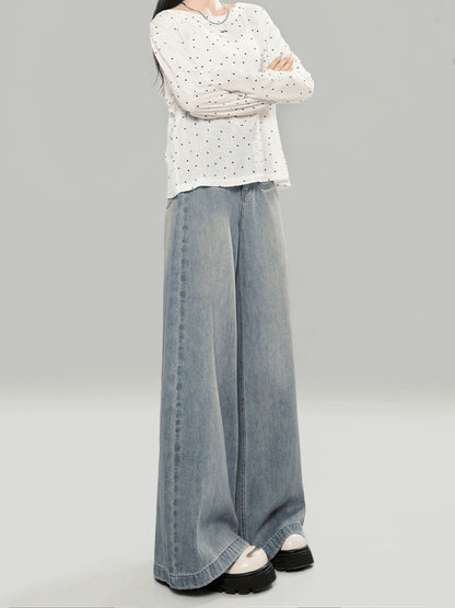 Light blue high waist loose jeans for women spring and autumn fall and winter small lazy straight wide leg pants mopping pants