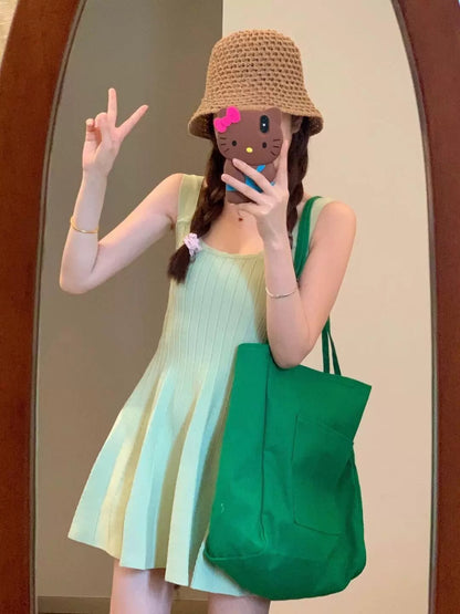 Dopamine Mint Green Wide Suspender Dress Women's Summer Knitted Waist A-Line Skirt Small Body Nice and Sweet