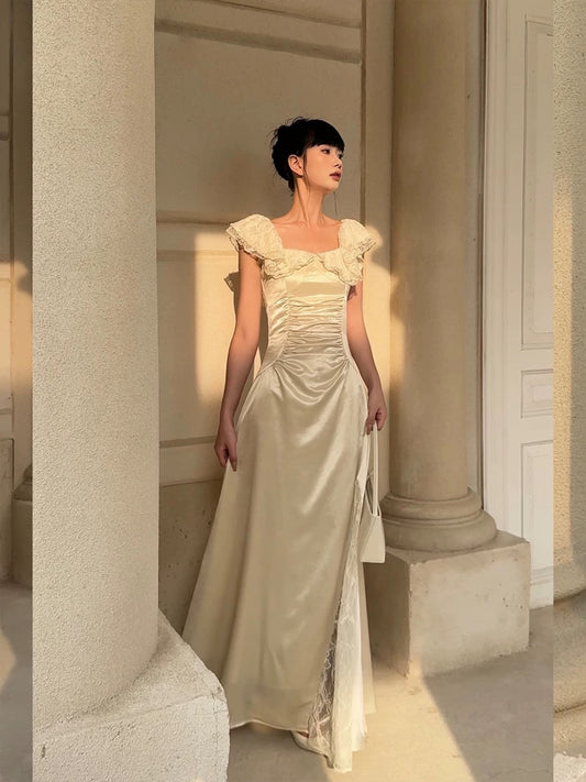 VENUIE apricot square neck slit dress for women summer French slimming waist satin pleated small flying sleeves long dress