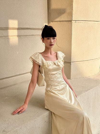VENUIE apricot square neck slit dress for women summer French slimming waist satin pleated small flying sleeves long dress