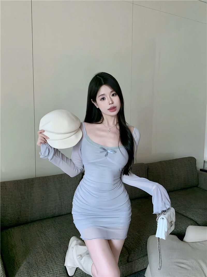 Pure lust hottie mesh splicing long-sleeved dress for women spring and summer sexy purple off-shoulder skirt tight hip-hugging short skirt