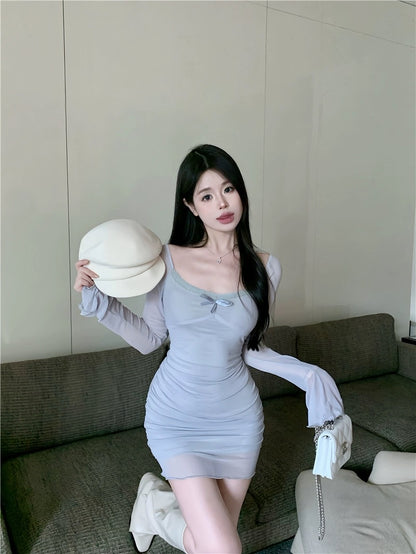 Pure lust hottie mesh splicing long-sleeved dress for women spring and summer sexy purple off-shoulder skirt tight hip-hugging short skirt