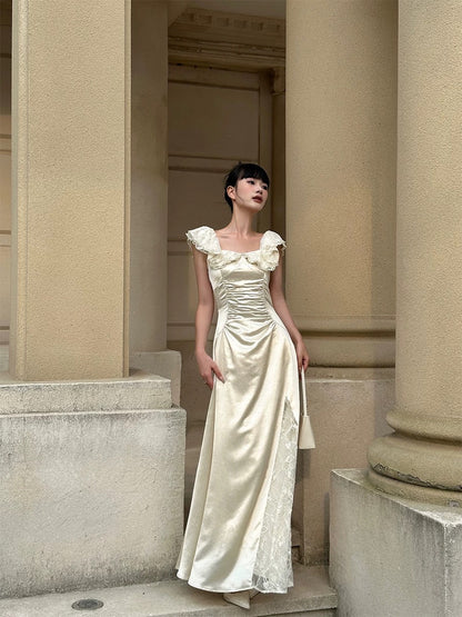 VENUIE apricot square neck slit dress for women summer French slimming waist satin pleated small flying sleeves long dress