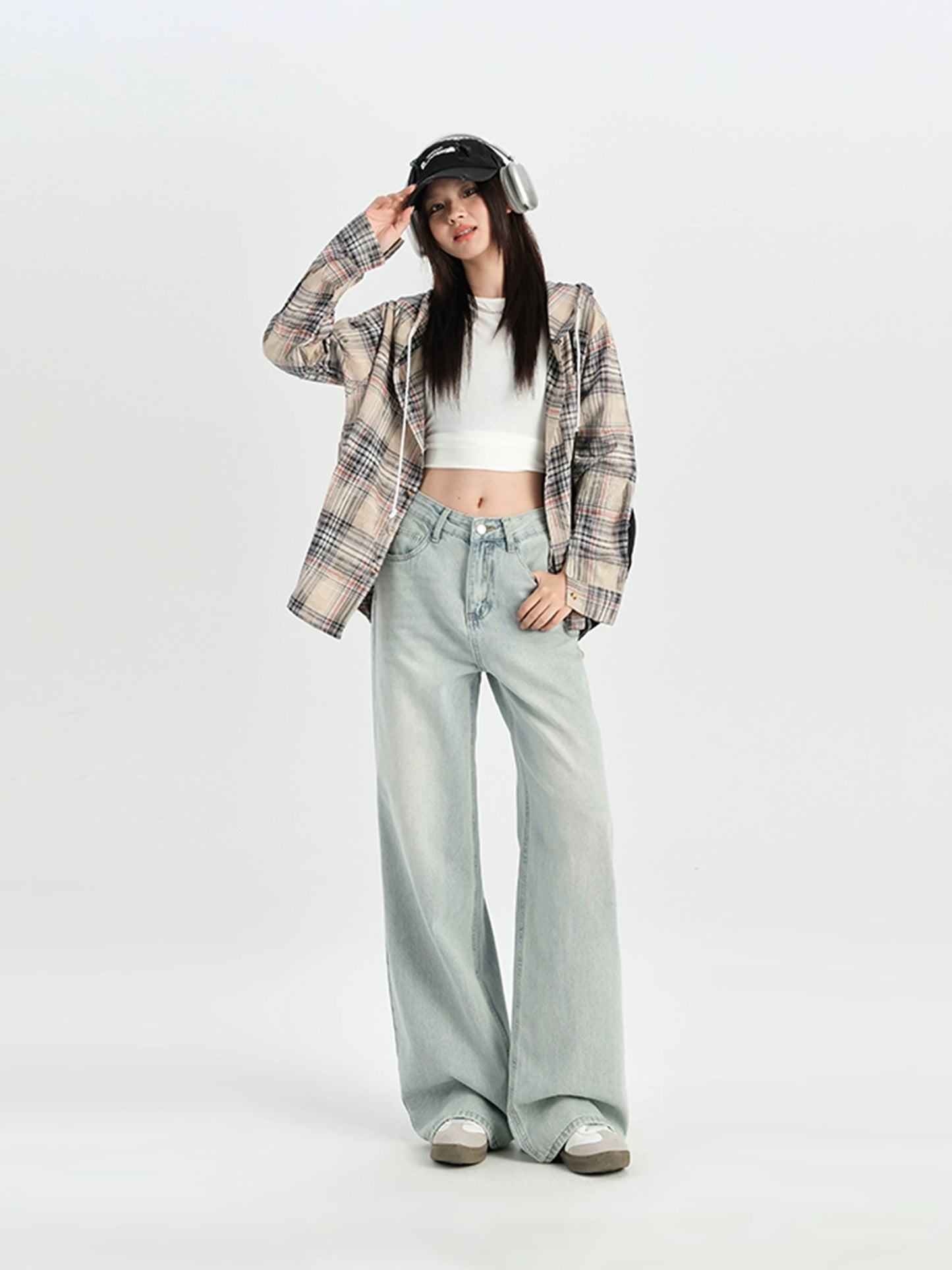 Light blue straight jeans for women spring and autumn high waist loose wide leg pants small size drape mopping long pants