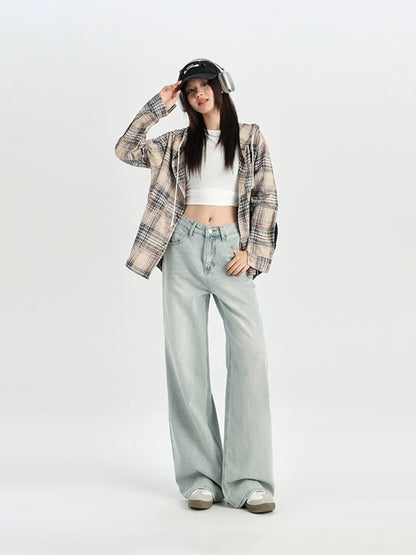 Light blue straight jeans for women spring and autumn high waist loose wide leg pants small size drape mopping long pants