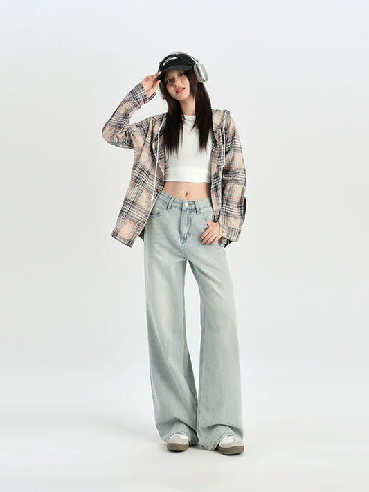Light blue straight jeans for women spring and autumn high waist loose wide leg pants small size drape mopping long pants