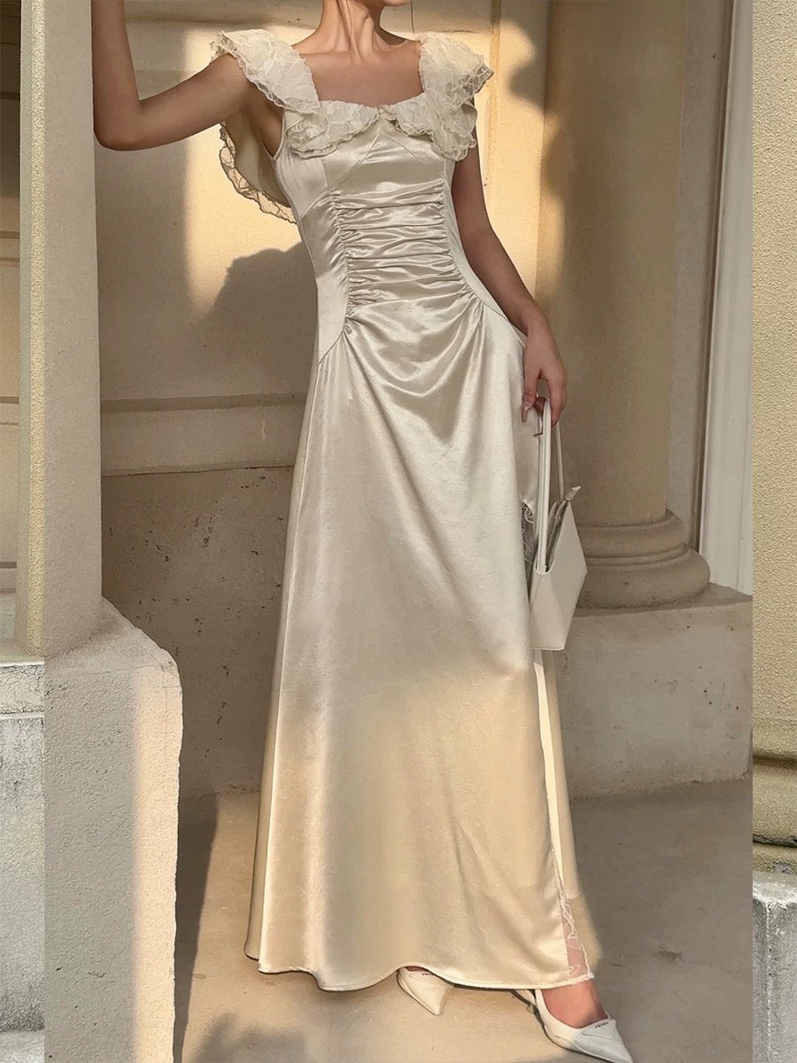 VENUIE apricot square neck slit dress for women summer French slimming waist satin pleated small flying sleeves long dress