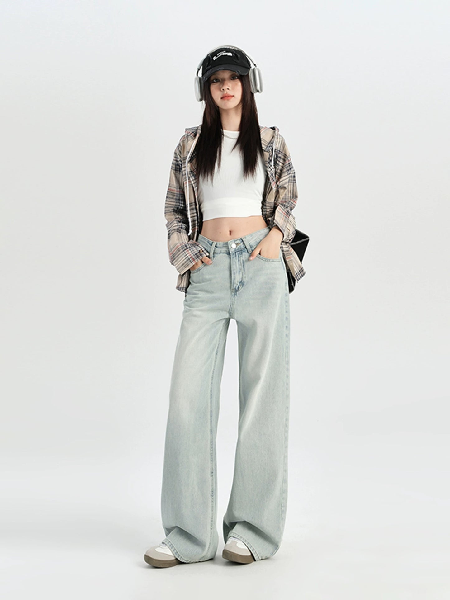 Light blue straight jeans for women spring and autumn high waist loose wide leg pants small size drape mopping long pants