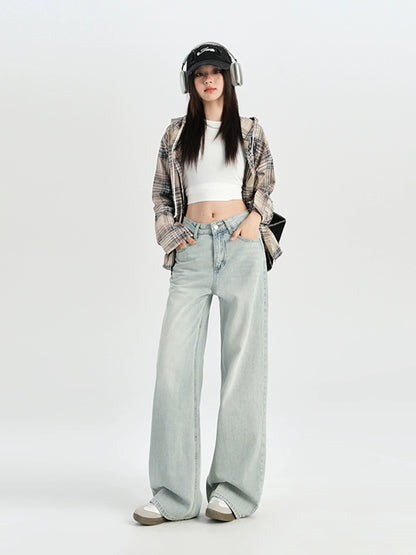 Light blue straight jeans for women spring and autumn high waist loose wide leg pants small size drape mopping long pants