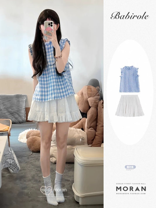 Summer fresh and sweet dopamine suit blue plaid vest white ballet skirt two-piece set for small people