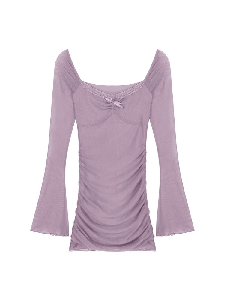 Pure lust hottie mesh splicing long-sleeved dress for women spring and summer sexy purple off-shoulder skirt tight hip-hugging short skirt