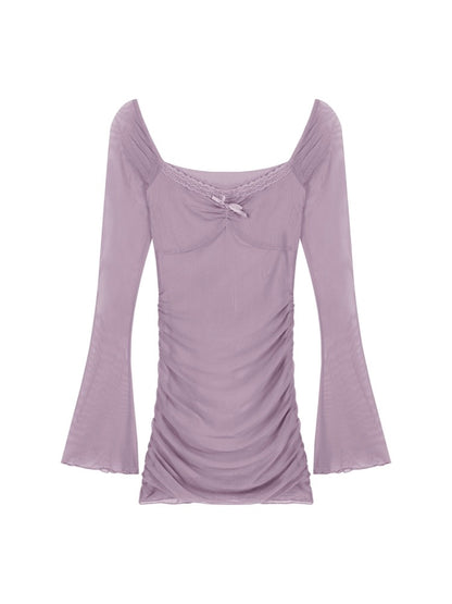 Pure lust hottie mesh splicing long-sleeved dress for women spring and summer sexy purple off-shoulder skirt tight hip-hugging short skirt