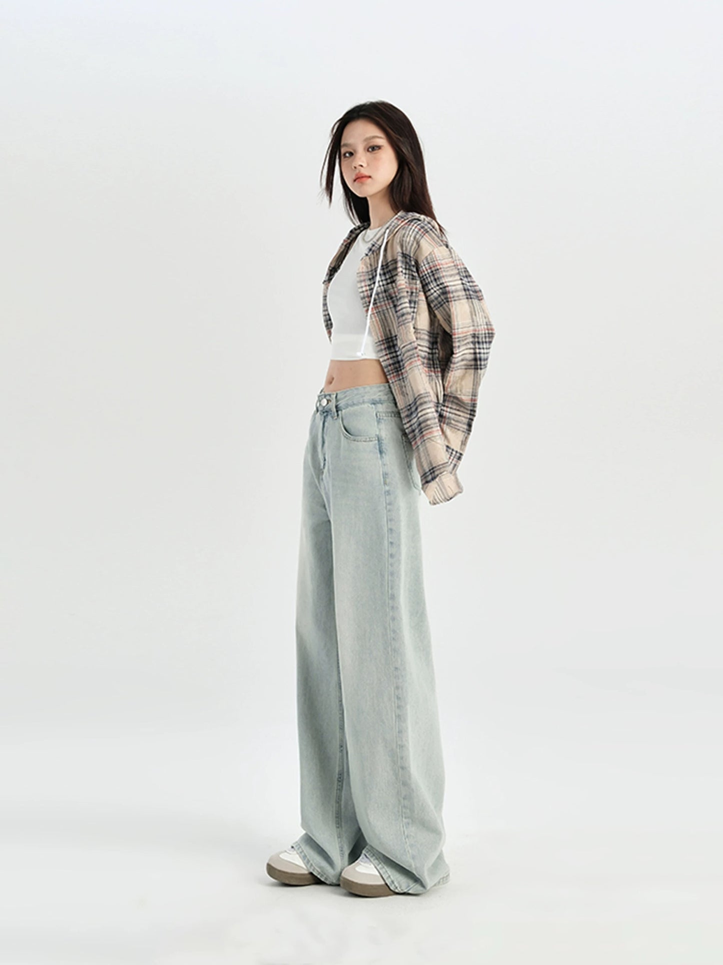 Light blue straight jeans for women spring and autumn high waist loose wide leg pants small size drape mopping long pants