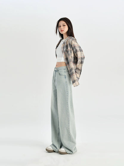 Light blue straight jeans for women spring and autumn high waist loose wide leg pants small size drape mopping long pants