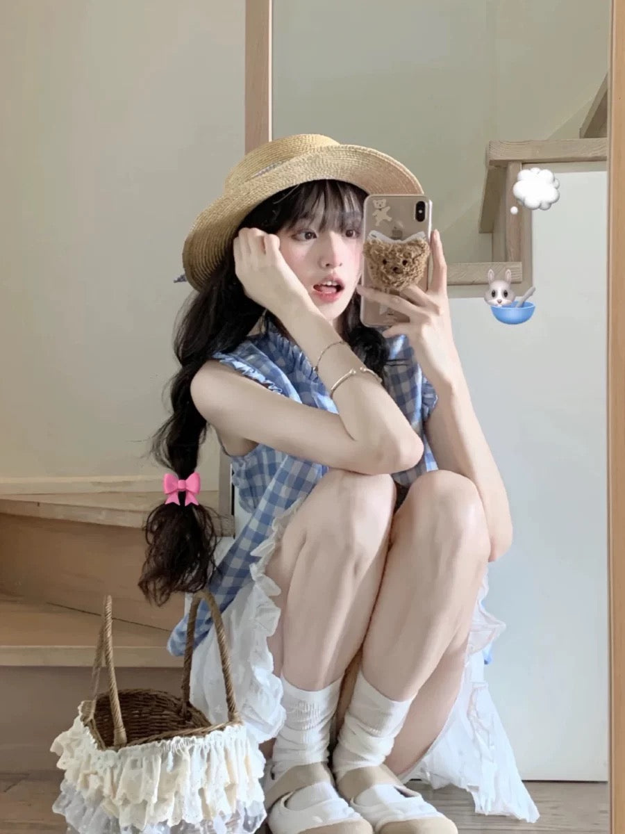 Summer fresh and sweet dopamine suit blue plaid vest white ballet skirt two-piece set for small people