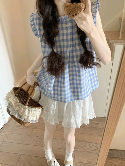 Summer fresh and sweet dopamine suit blue plaid vest white ballet skirt two-piece set for small people