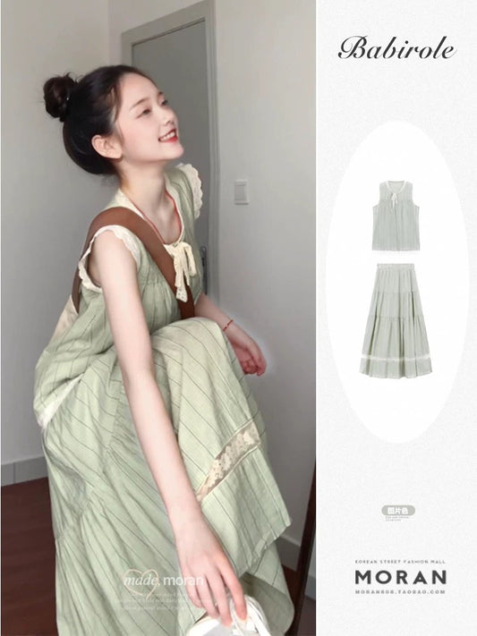 French tea break green striped dress two-piece suit summer lace sleeveless vest top skirt