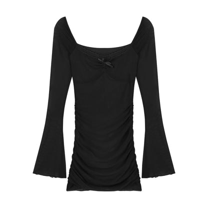 Pure lust hottie mesh splicing long-sleeved dress for women spring and summer sexy purple off-shoulder skirt tight hip-hugging short skirt