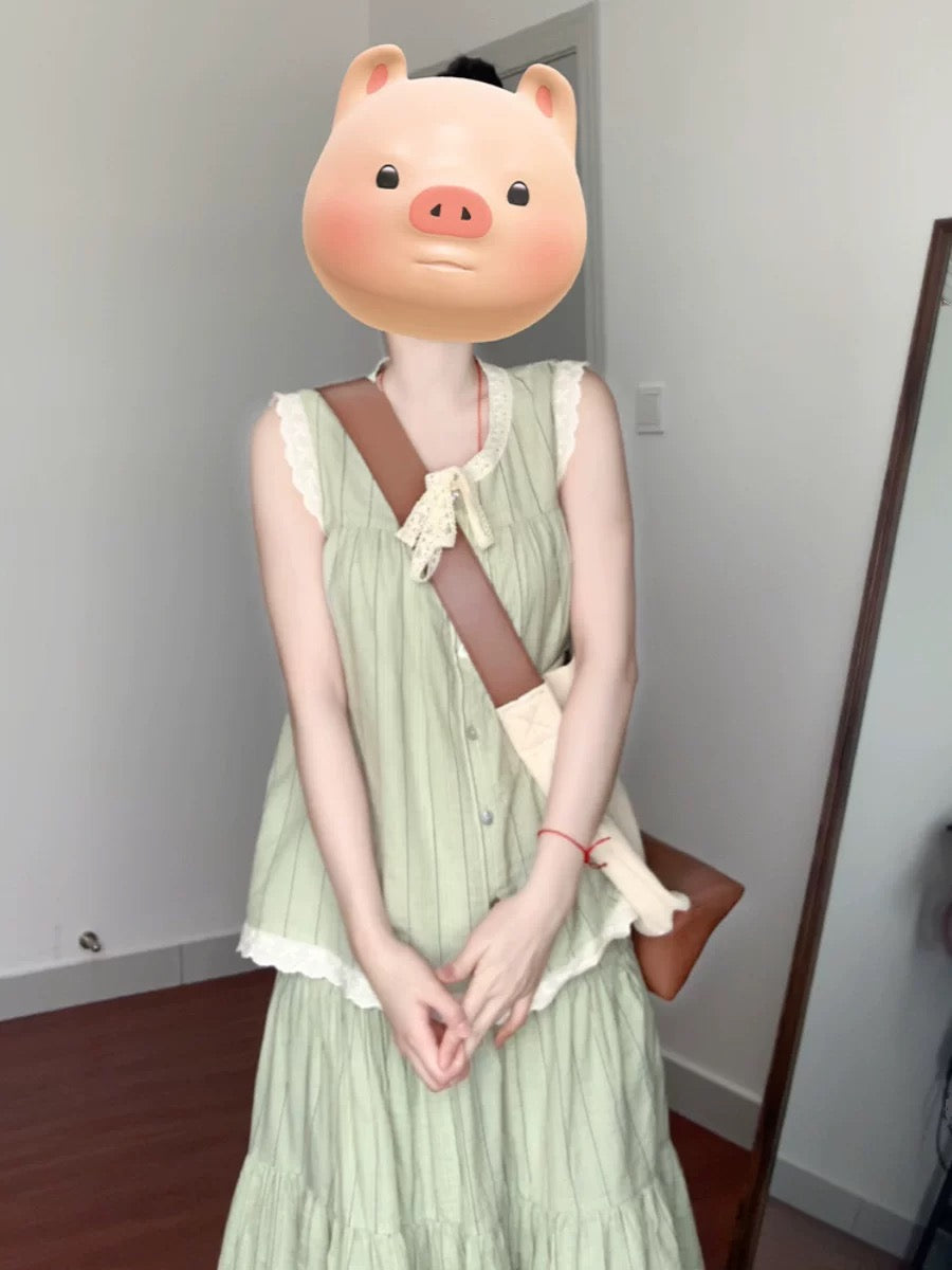 French tea break green striped dress two-piece suit summer lace sleeveless vest top skirt