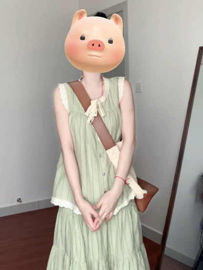 French tea break green striped dress two-piece suit summer lace sleeveless vest top skirt
