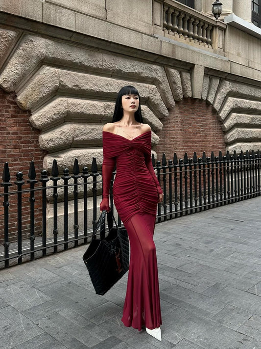 VENUIE burgundy annual party dress with various styles and curves, spring pleated design one-shoulder V-neck dress