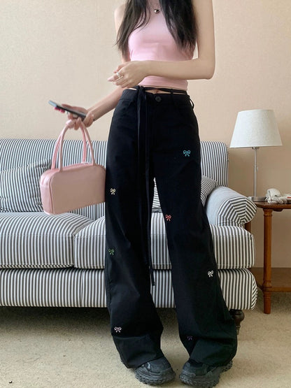 Butterfly embroidered workwear wide-leg pants for women spring petite high-waist casual straight pants drape floor-length trousers