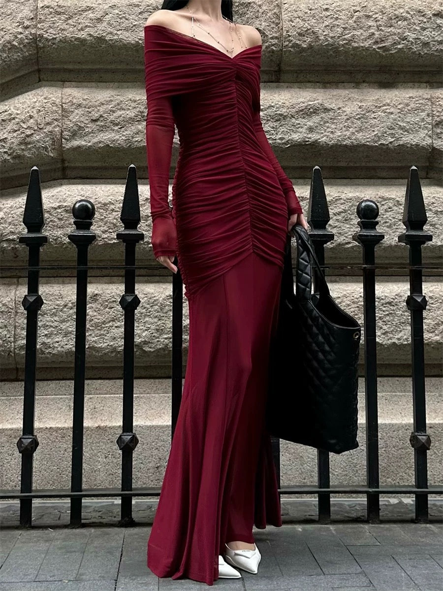 VENUIE burgundy annual party dress with various styles and curves, spring pleated design one-shoulder V-neck dress