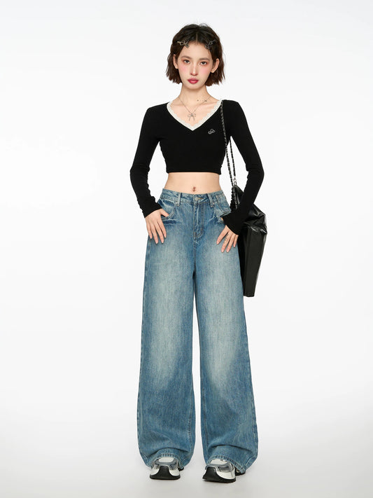 Blue high waist jeans women's spring and autumn styles autumn and winter 2025 new loose straight wide leg pants small pants
